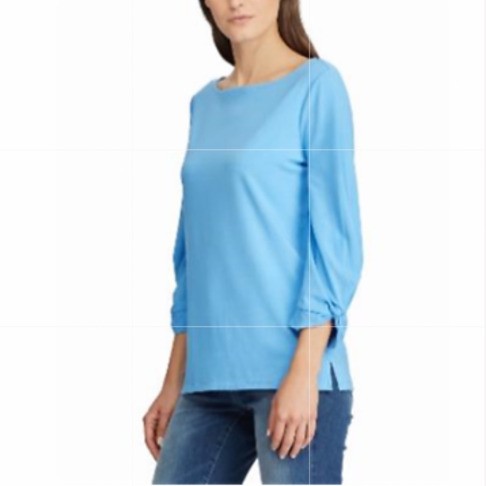 Ralph Lauren Cotton Blend Top w/3/4 Belle Knot Sleeves Side Slit & Boat Neckline